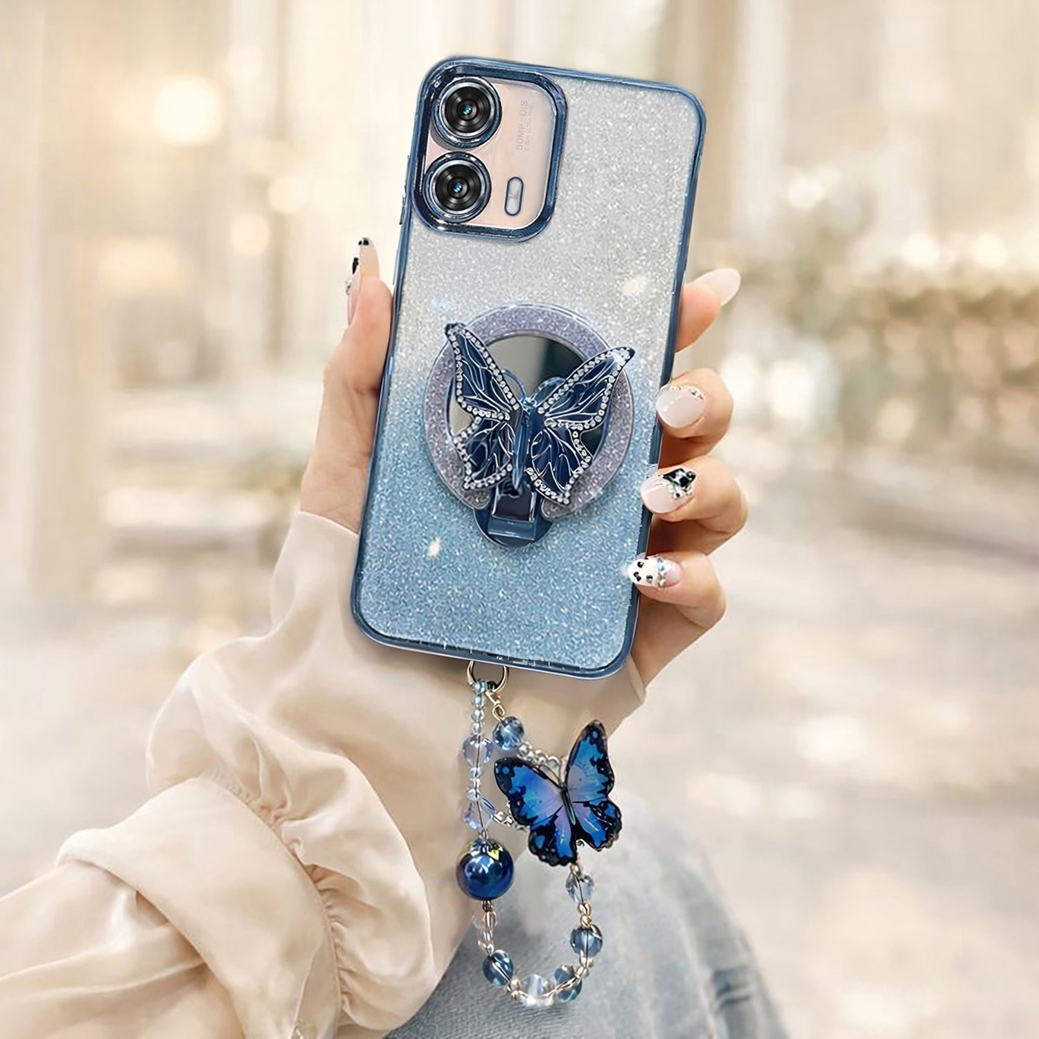Motorola Edge 50 Fusion 5G Stunning Shimmer Electroplating Butterfly Stand Charm Case