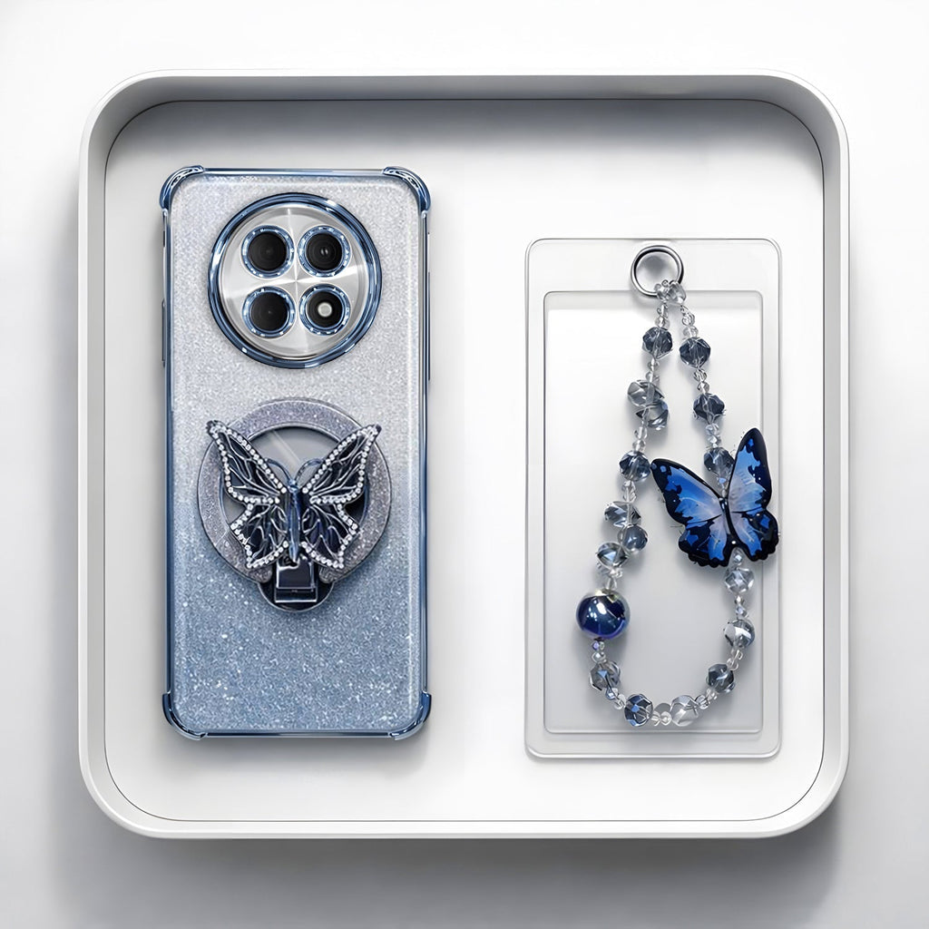 Oppo F31 Pro+ 5G Shockproof Shimmer Butterfly Stand Case with Charm Strap
