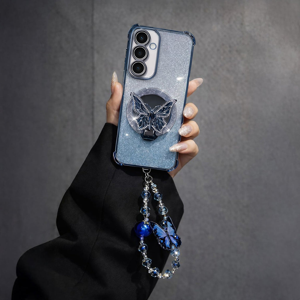 Samsung Galaxy A36 5G Shockproof Shimmer Butterfly Stand Case with Charm Strap