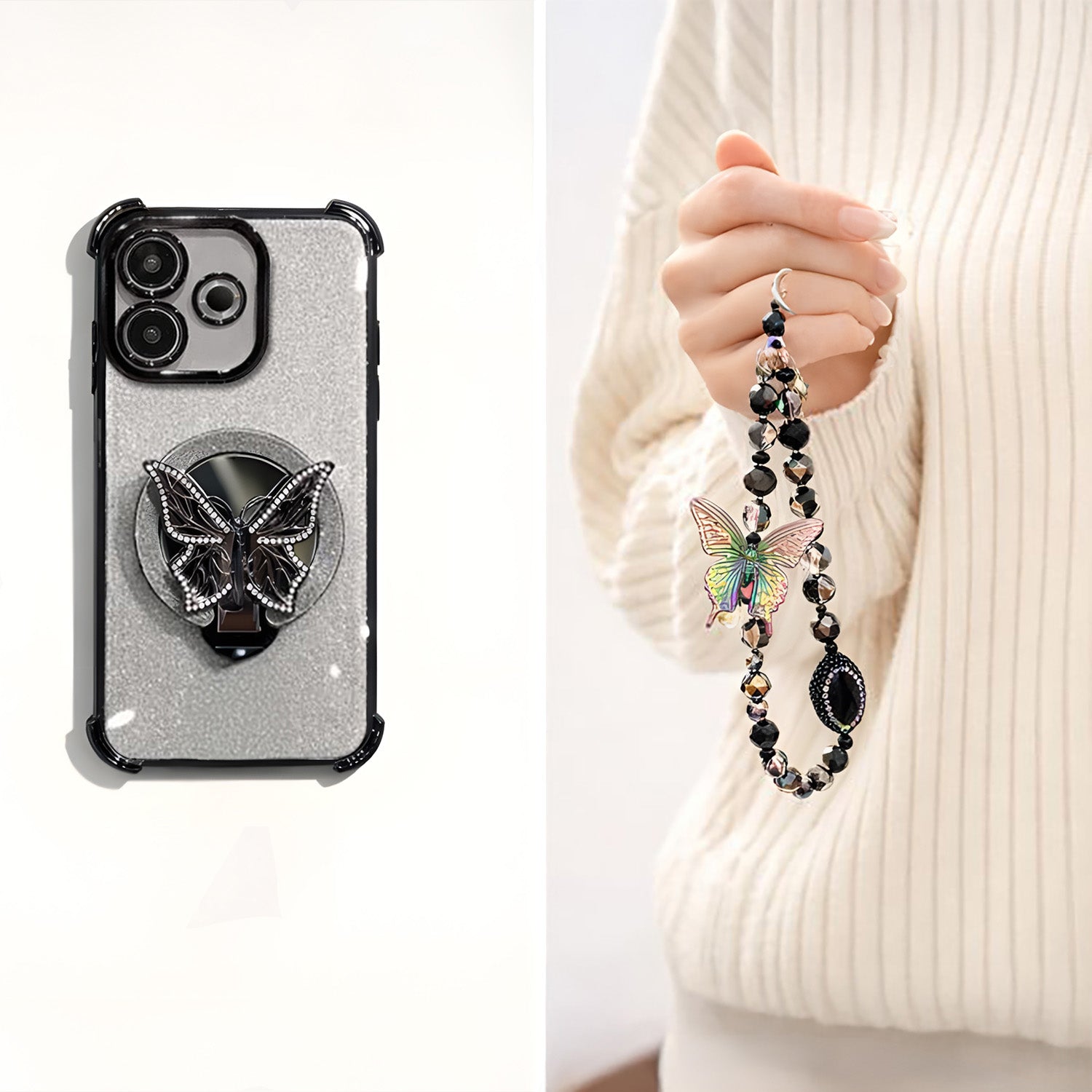 Oppo A5 Pro 5G Shockproof Shimmer Butterfly Stand Case with Charm Strap